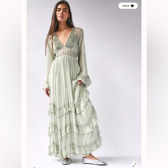 Free People Seraphina Metallic Ruffles Lattice Cutouts Maxi Dress - Picture 3 of 8